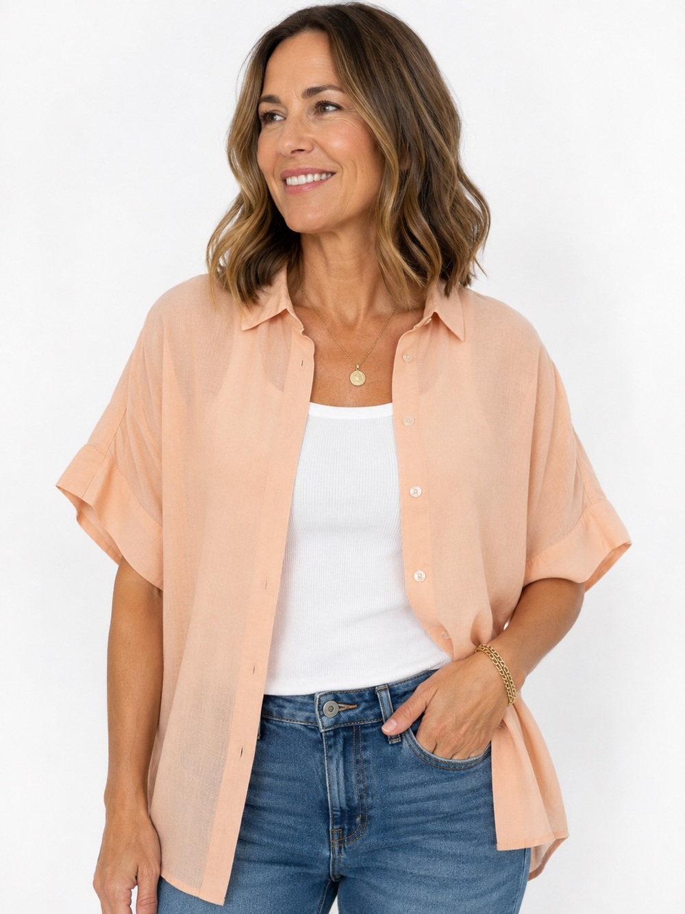 Lord & Taylor 100% cotton women's short sleeves button down shirt size M peach